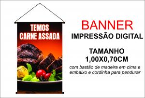 Banner 1,00x0,70 Temos Carne Assada Lona Digital 100x70 4x0 Brilho bastão e cordinha 