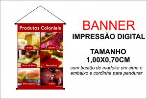 Banner 1,00x0,70  Temos Produtos Coloniais Lona Digital 100x70 4x0 Brilho bastão e cordinha 